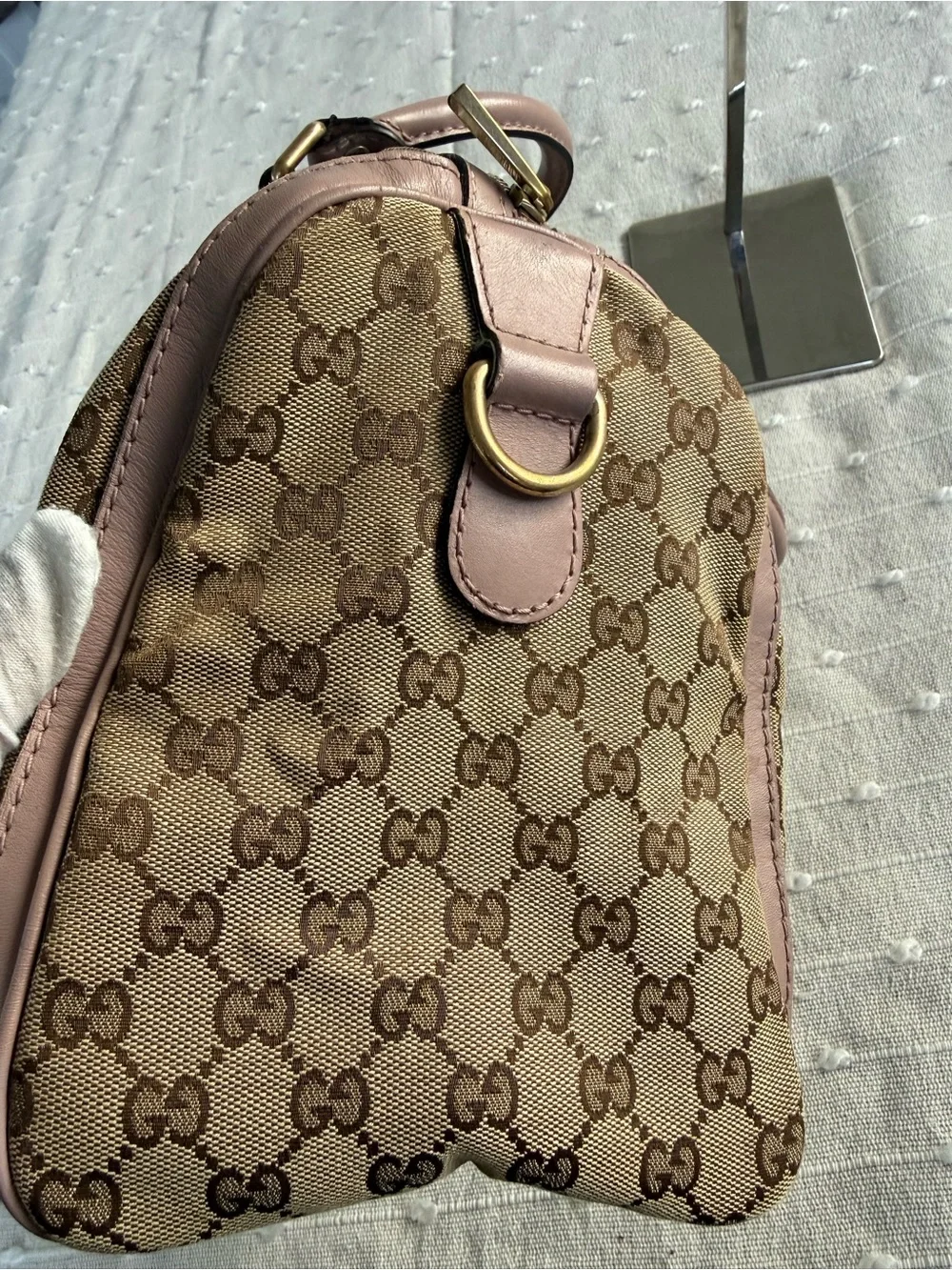 Gucci Beige GG Canvas Satchel with Pink Trim and Blue-Green Stripe
